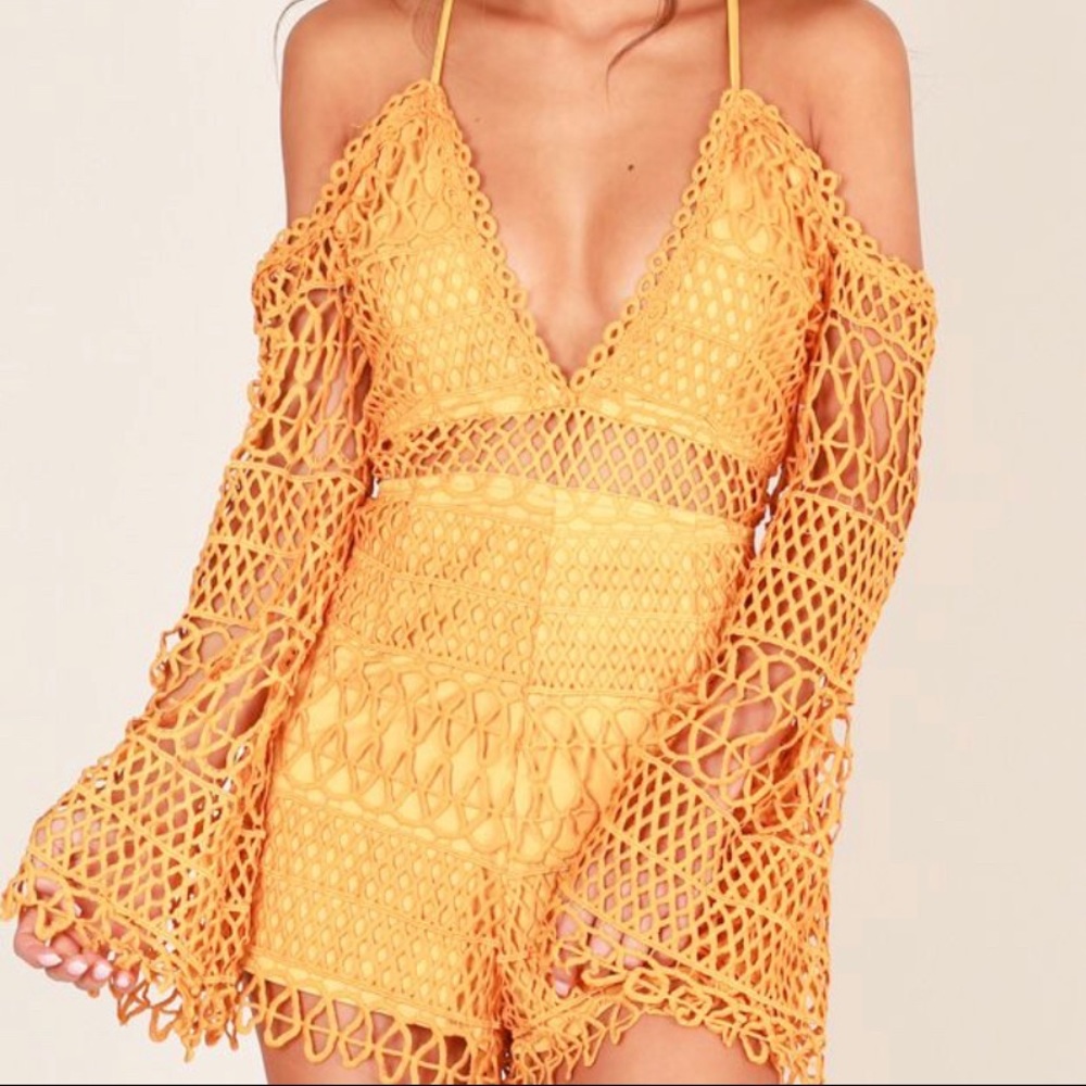 ShowPo open shoulder mustard cut-out long sleeve “come to realize playsuit”